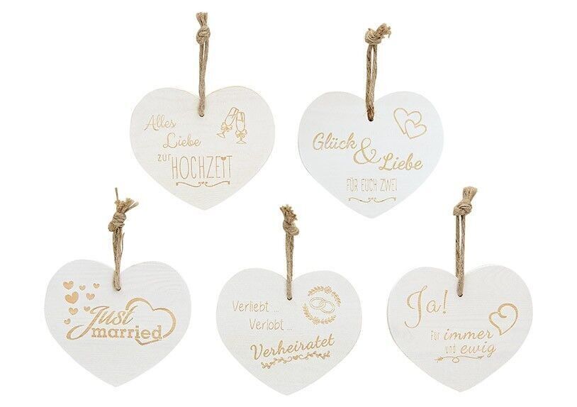 Hänger Herz Hochzeitsmotiv aus Holz, 5-fach sortiert, B18 x H14 cm