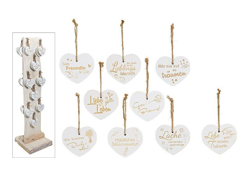 Espositore in legno con 1 tavola e 90 piccoli cuori vintage in legno naturale, 18 volte, (L/A) 12x5x11x1,3 cm