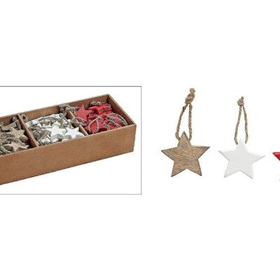 Estrella navideña para colgar de madera de mango, triple, rojo/blanco/marrón (ancho/alto/fondo) 5x5x1cm