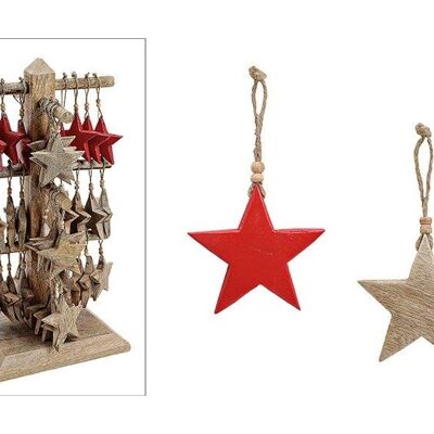 Estrella de suspensión navideña en soporte de exhibición de madera de mango rojo, marrón doble, (An / Al / P) 10x10x1cm, 48 piezas en soporte
