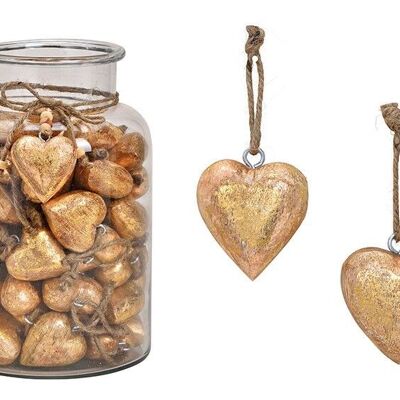 Colgante corazón de madera de mango dorado (An / Al / Pr) 5x5x3cm 60 piezas en un vaso 16x26x16cm