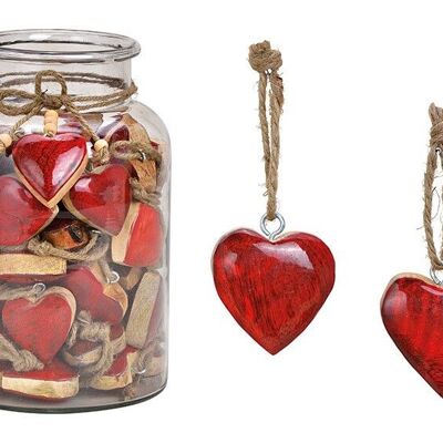 Coeur de suspension en bois de manguier rouge 5x5x2cm, 60 pièces dans un verre 16x25x16cm