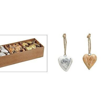 Hanger heart in gold / silver / copper made of wood, 3-fold assorted (W / H / D) 4x5x1.5 cm