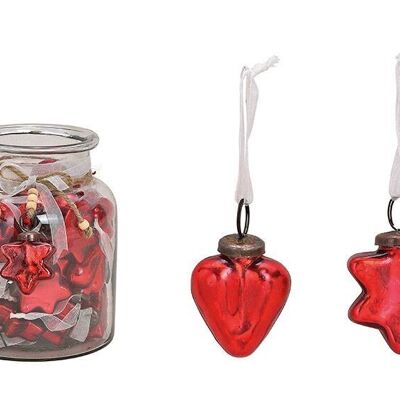 Hanger heart, star made of glass red double, (W / H / D) 5x5x2cm, 48 pieces in glass 15x20x15cm