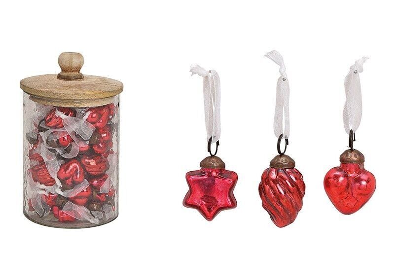 Percha de cristal rojo de 3 vías, (An / Al) 3,5x3,5cm, 48 piezas de cristal con tapa de madera 12x20x12cm