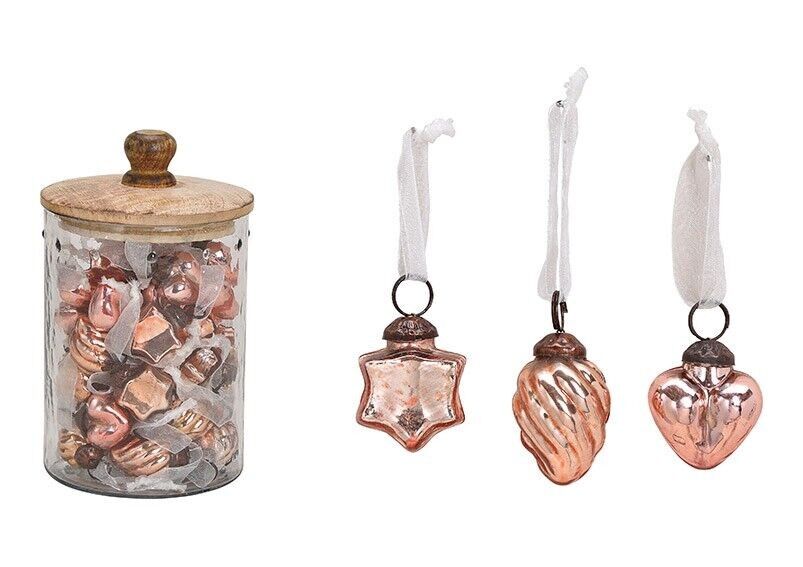 Percha de vidrio rosa de 3 capas, (An / Al) 3,5x3,5 cm, 48 piezas de vidrio con tapa de madera 12x20x12cm