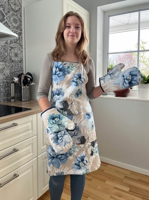 Blue peonies kitchen apron for woman. Blue flowers apron. Cooking apron