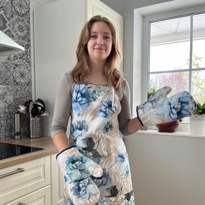 Blaue Pfingstrosen-Küchenschürze für Damen. Blaue Blumenschürze. Kochschürze