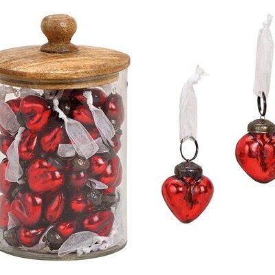 Pendentif coeur aspect brillant en verre rouge (L / H / P) 3x4x2cm 48 pièces dans un verre avec un couvercle en bois de manguier 13x17x13cm
