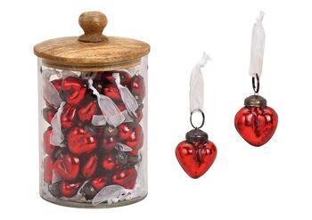 Pendentif coeur aspect brillant en verre rouge (L / H / P) 3x4x2cm 48 pièces dans un verre avec un couvercle en bois de manguier 13x17x13cm