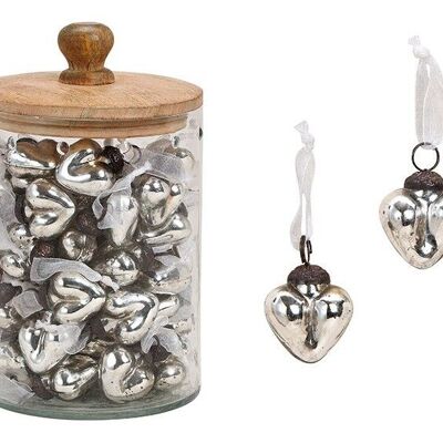 Pendentif coeur aspect brillant en verre argenté (L / H / P) 3x4x2 cm, 48 pièces dans le verre avec couvercle en bois de manguier 12x20x12cm