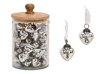 Pendentif coeur aspect brillant en verre argenté (L / H / P) 3x4x2 cm, 48 pièces dans le verre avec couvercle en bois de manguier 12x20x12cm
