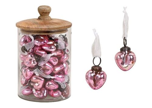 Herz Anhänger Glanzoptik aus Glas Pink/Rosa (B/H/T) 3x4x2 cm 48 Stk im Glas mit Mangoholz Deckel 13x17x13cm