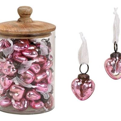 Colgante de corazón con aspecto brillante de vidrio rosa / rosa (An / Al / P) 3x4x2 cm 48 piezas en un vaso con tapa de madera de mango 13x17x13cm