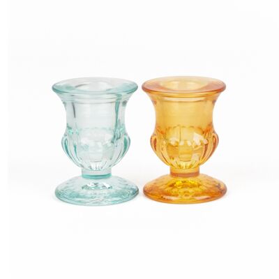 PACK OF 2 BLUE AND ORANGE CRYSTAL CANDLE HOLDERS HF