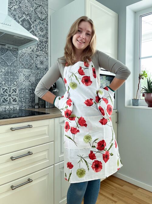 Poppy flowers apron for woman. White floral kitchen apron.. Cooking apron