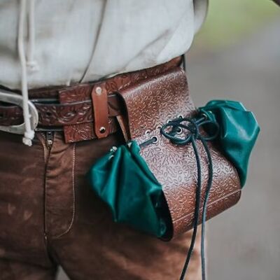 Green Leather belt bag Medieval pouch LARP Druid Elf witch