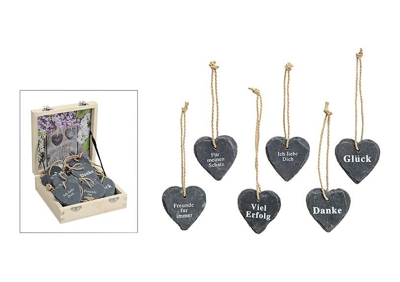Heart with sayings made of stone, 6 assorted, 7 cm