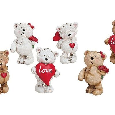 Bear with heart and rose made of poly, in white-brown, 6 assorted, W7 x D6 x H11 cm