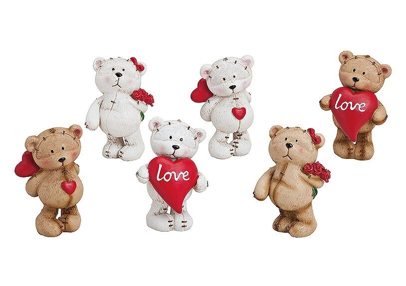 Bär mit Herz und Rose aus Poly, in weiß-braun, 6-fach sortiert, B7 x T6 x H11 cm