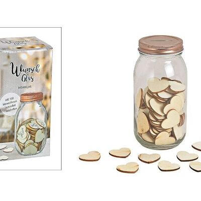 Wish glass with 100 hearts 4x3.8cm, made of glass, wood, metal transparent (W / H / D) 9x17x9cm