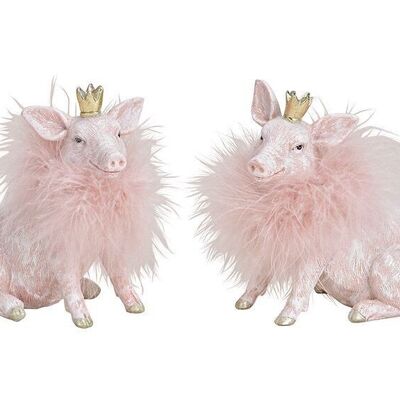 Pig with glitter made of poly, feather pink / rose double, (W / H / D) 6x12x13cm