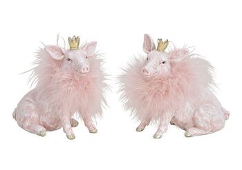 Cochon avec des paillettes en poly, rose plume / rose double, (L / H / P) 6x12x13cm