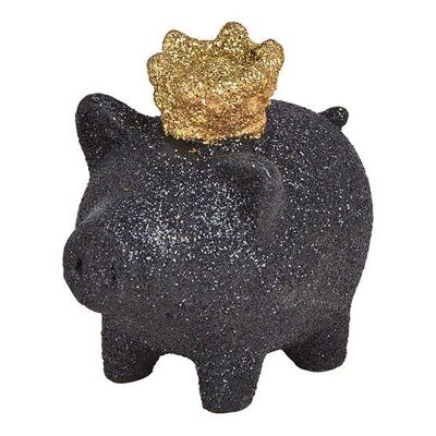 Cochon avec couronne en poly noir, or (L / H / P) 5x5x3cm