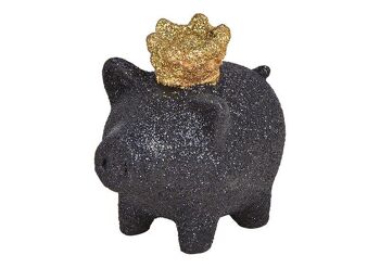 Cochon avec couronne en poly noir, or (L / H / P) 5x5x3cm