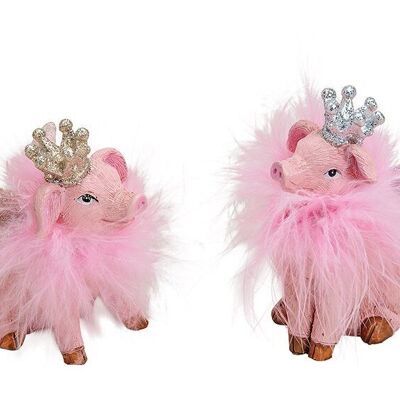 Cochon avec couronne, ailes et plumes en poly rose / rose double, (L / H / P) 4x8x5cm