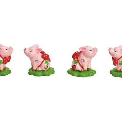 Cochon porte-bonheur en poly rose / rose 4 fois, (L / H / P) 4x5x5cm