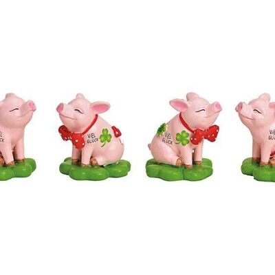 Cochon porte-bonheur en poly rose / rose 4 fois, (L / H / P) 6x7x6cm