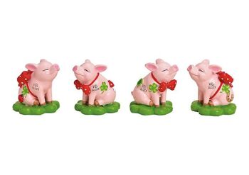 Cochon porte-bonheur en poly rose / rose 4 fois, (L / H / P) 6x7x6cm