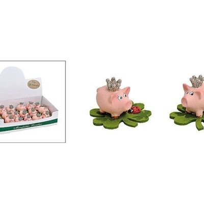 Piggy avec une couronne sur un trèfle en feutre à coller en poly rose / rose (L / H / P) 5x4x5cm