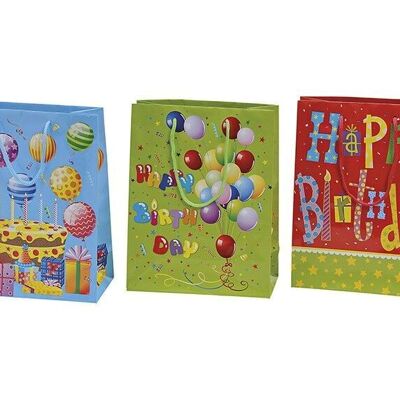 Birthday gift bag made of paper, 3 assorted, W18 x D8 x H23 cm