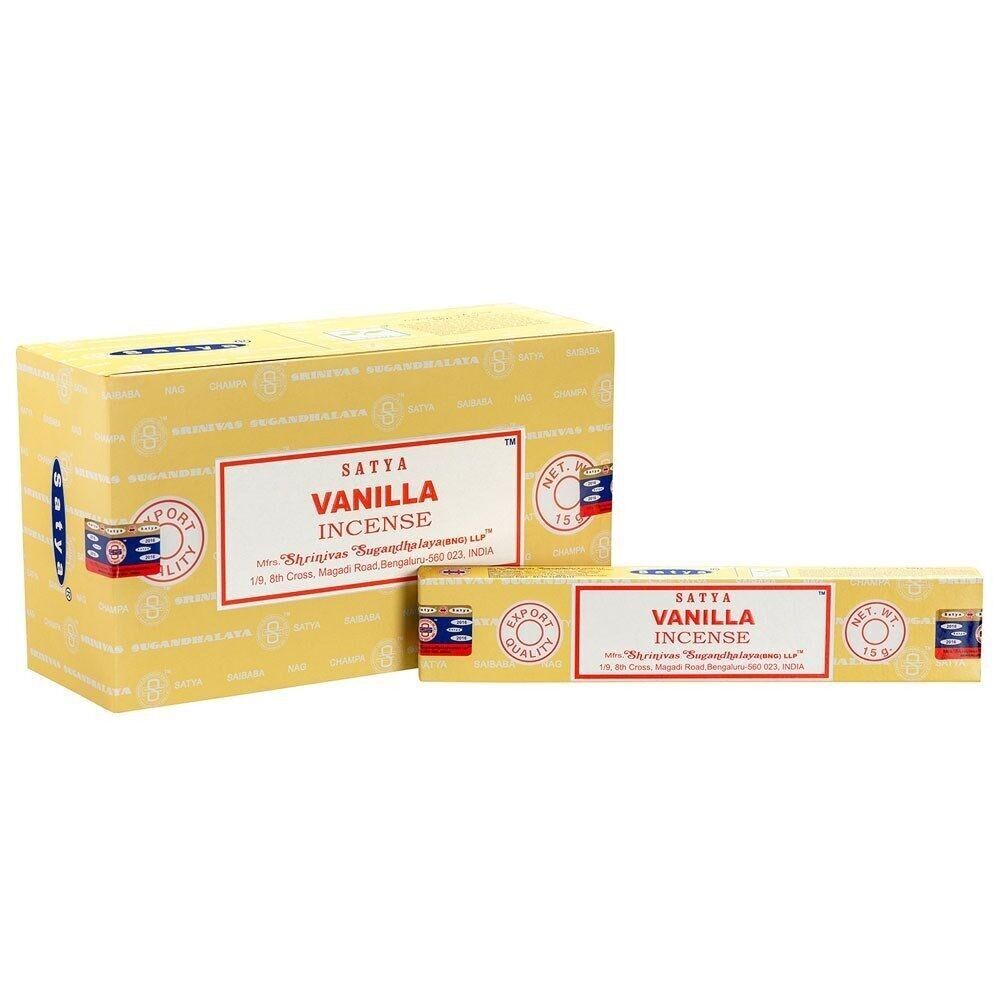 Set mit 12 Packungen Vanille-Räucherstäbchen von Satya