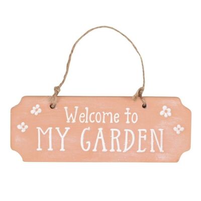 Letrero colgante de terracota Bienvenido a mi jardín