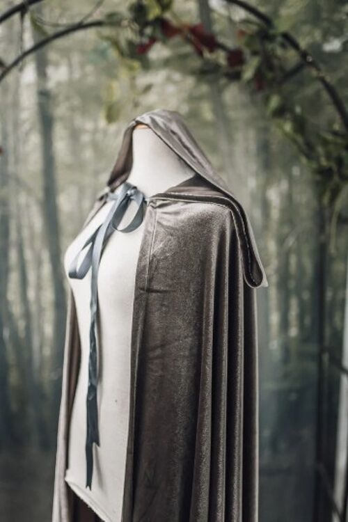 Silver Velvet hooded cape dark grey elven fantasy cloak