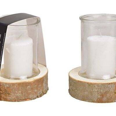 Lantern set 3 in one, glass 10x13cm, wooden base 14x4x14cm, candle 6.5x8cm made of white glass, (W / H / D) 14x18x14cm