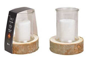 Lanterne set 3 en un, verre 10x13cm, base en bois 14x4x14cm, bougie 6.5x8cm en verre blanc, (L / H / P) 14x18x14cm
