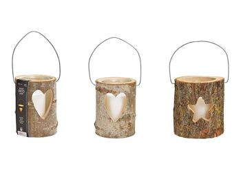 Lanterne, coeur, décor étoile, avec verre, bougie en verre 10x13cm, bougie 6.5x8cm en bois brun, 2 plis, (L / H / P) 16x18x16cm