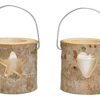 Lantern, heart, star decor, with glass, candle glass 6.5x8.3cm, candle 4.5x5cm made of wood brown, 2-fold, (W / H / D) 12x12x12cm