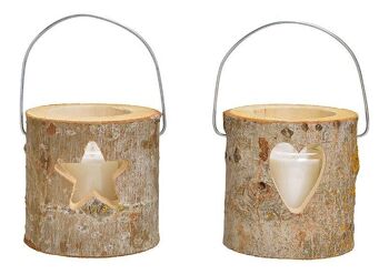 Lanterne, coeur, décor étoile, avec verre, bougie en verre 6,5x8,3cm, bougie 4,5x5cm en bois brun, 2 plis, (L / H / P) 12x12x12cm