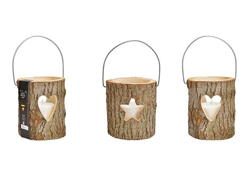 Lantern, heart, star decor, with glass, candle glass 13x17cm, candle 8.8x8cm made of wood brown, 2-fold, (W / H / D) 18x20x18cm