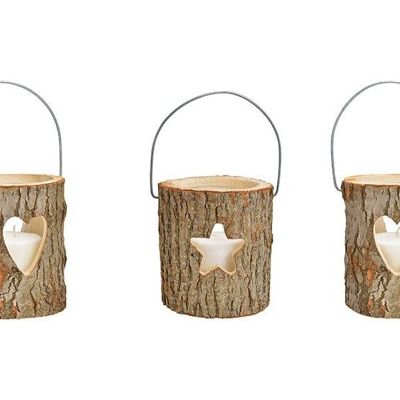 Lantern, heart, star decor, with glass, candle glass 13x17cm, candle 8.8x8cm made of wood brown, 2-fold, (W / H / D) 18x20x18cm
