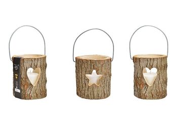 Lanterne, coeur, décor étoile, avec verre, verre à bougie 13x17cm, bougie 8.8x8cm en bois brun, 2 plis, (L / H / P) 18x20x18cm
