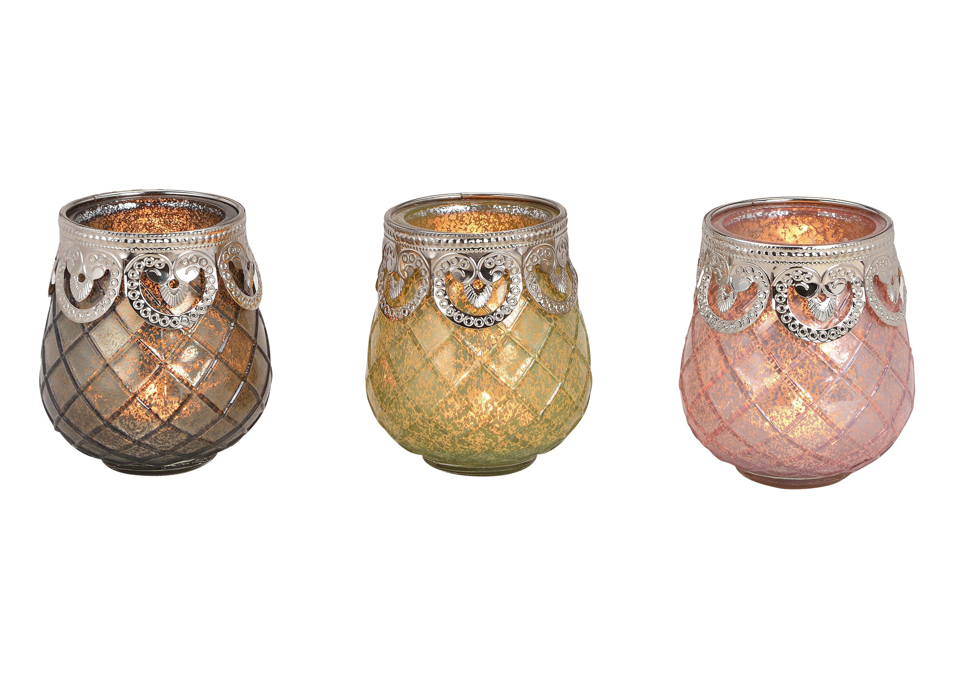 Lanterna in vetro colorato 3 volte, verde, rosa, marrone (L/A/P) 9x12x9 cm Ø9 cm