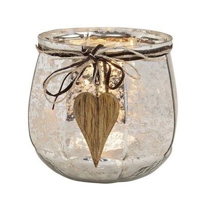 Lanterna in vetro con ciondolo cuore in legno argento (L/A/P) 14x13x14cm