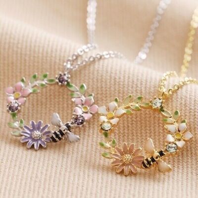Crystal Flower and Enamel Bee Pendant Necklace