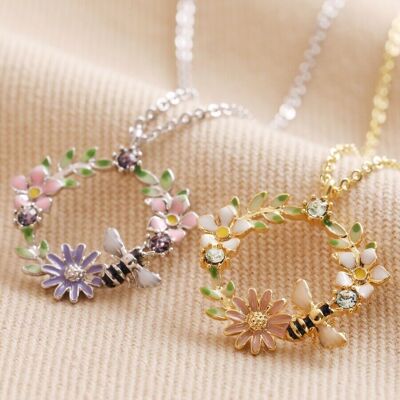 Collier pendentif fleur de cristal et abeille en émail